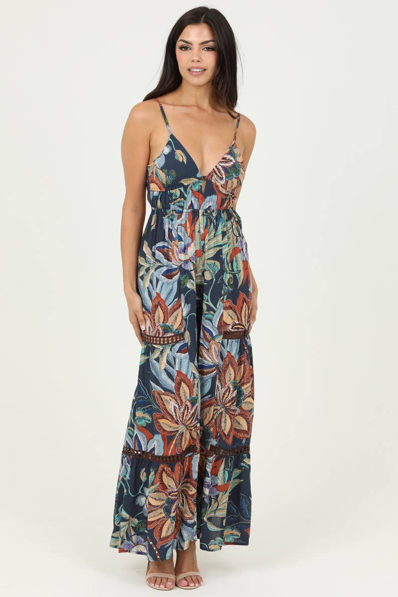 ANGIE - B5A99-FQ60 V NECK OPEN TIE BACK WIDE LEG WITH LACE INSET JUM