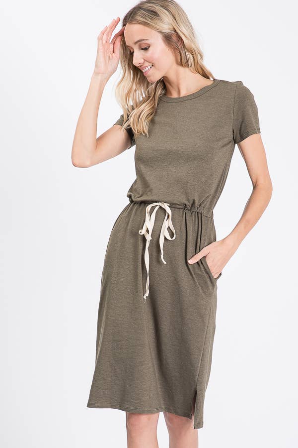 7th Ray - Everyday Drawstring Waist Side Pocket T-Shirt Dress D2465