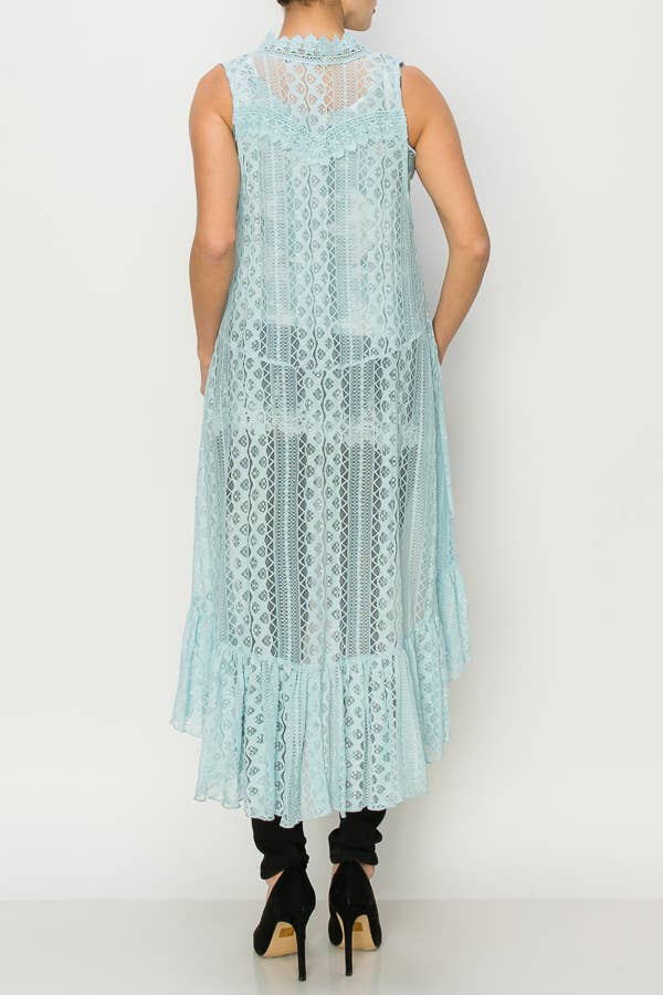 Origami Apparel ~  Lace and Crochet inspired - Flowy High-Low Lace Boho Duster Vest-U013 BLUE