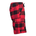 Plaid cargo shorts in red and black featuring a relaxed fit, elastic drawstring waistband, and visible cargo pockets.