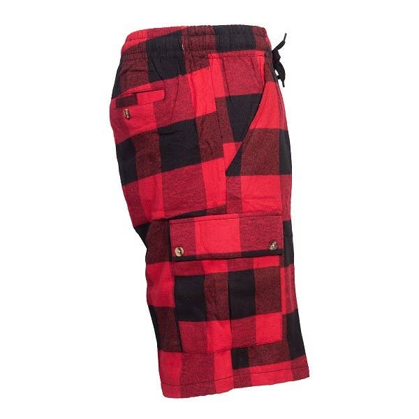 Plaid cargo shorts in red and black featuring a relaxed fit, elastic drawstring waistband, and visible cargo pockets.