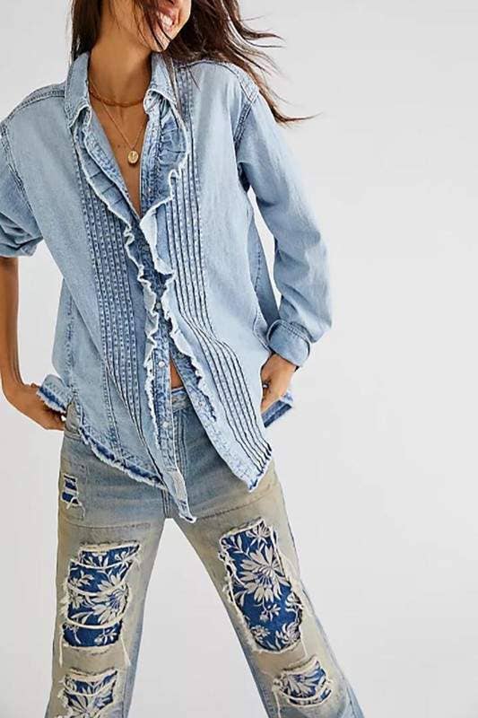 Flarix - Ruffled Pintuck Denim Shirt
