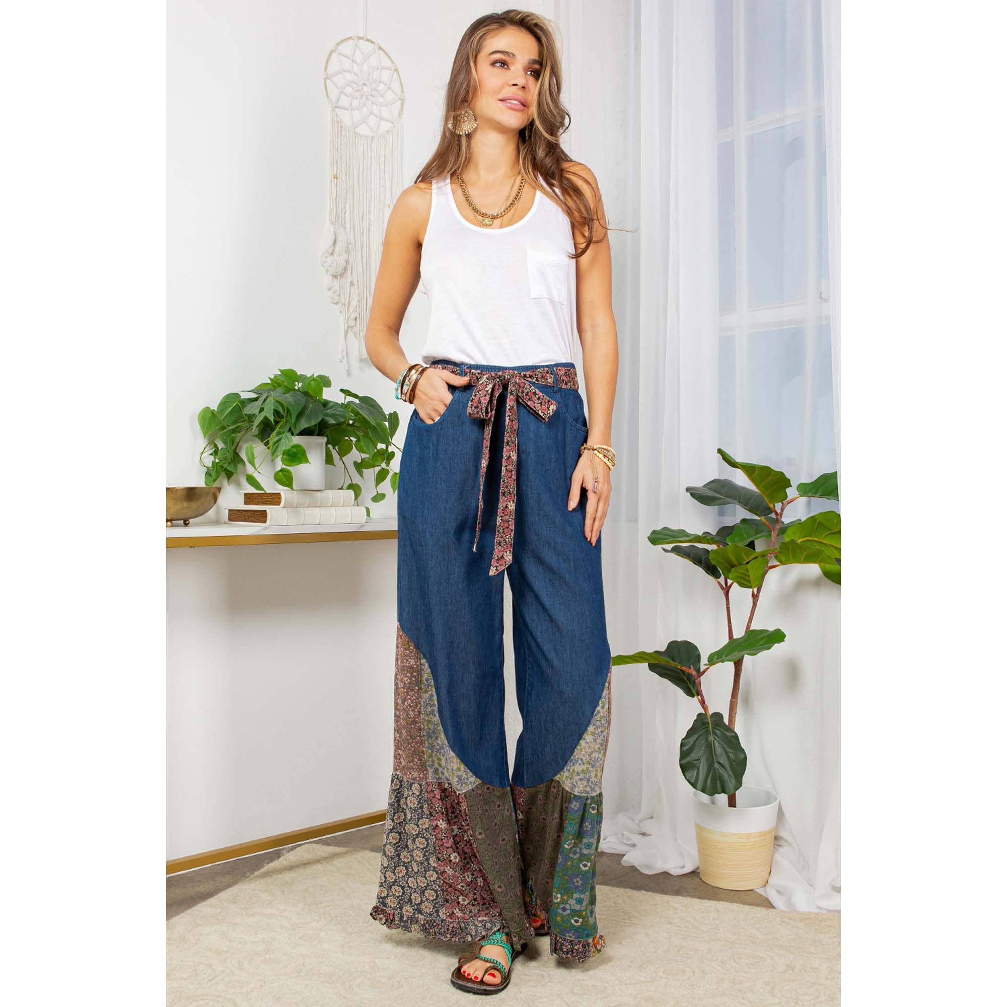 Young Threads - Boho Flare: Overdyed Denim Bellbottom Pants with Printed