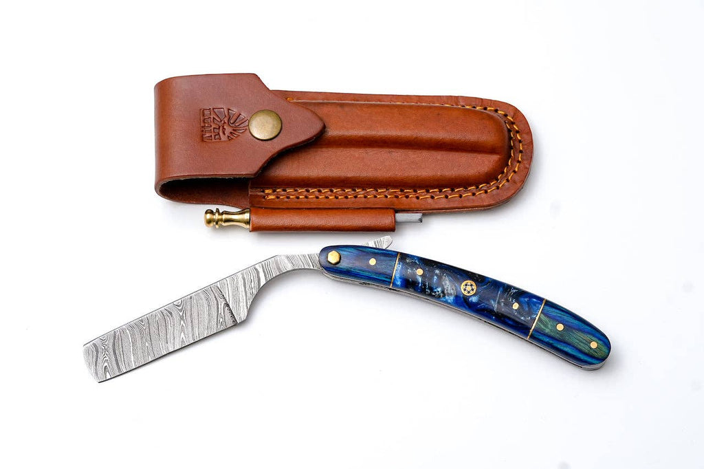 Titan International - Damascus straight razor with blue resin handle