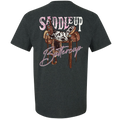 Dark heather tee featuring 'SADDLEUP' and 'Buttercup' text with a saddle illustration, perfect for country lovers.
