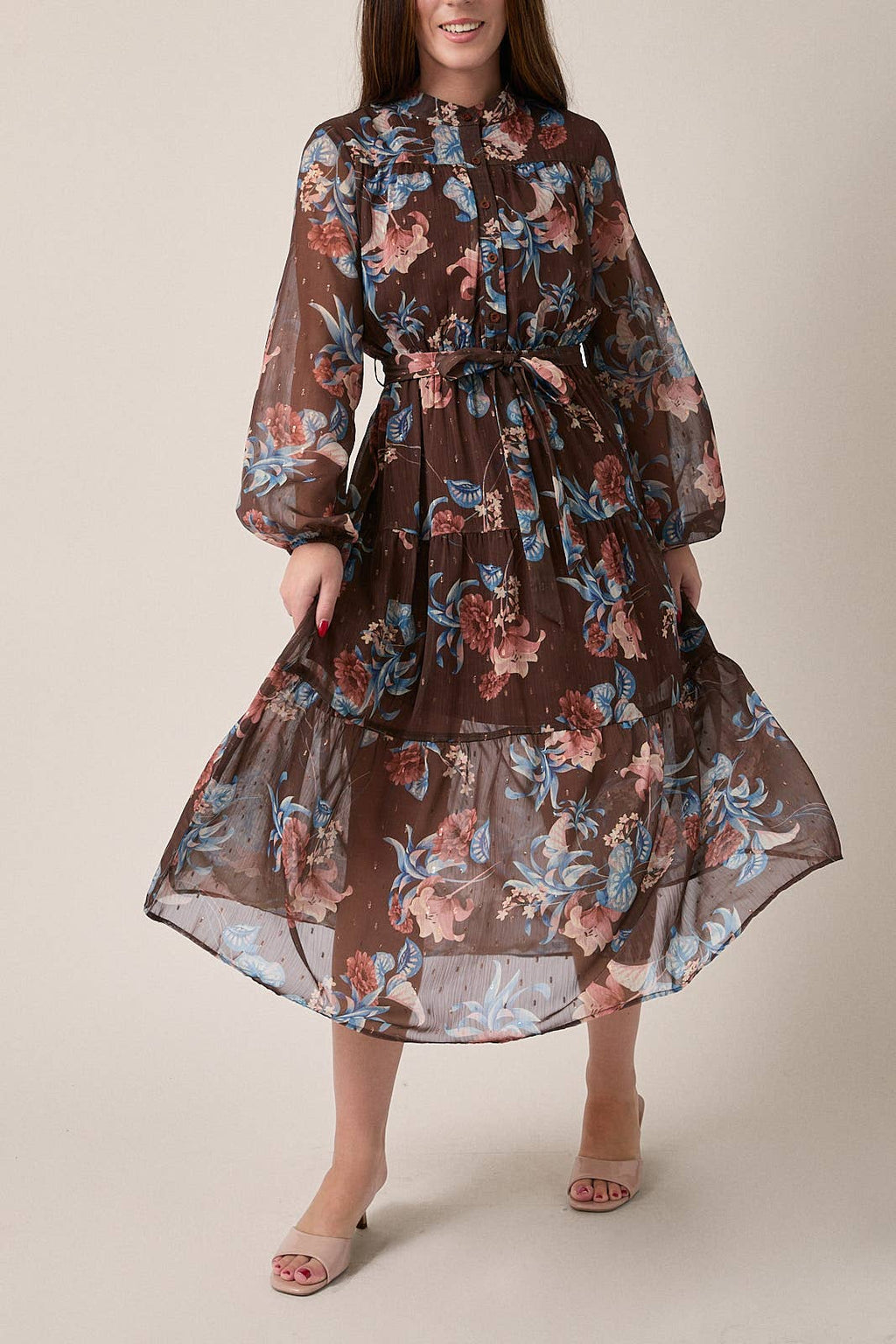 GILLI - ROUND NECK LONG SLEEVE BUTTON UP WAIST TIE FLORAL MIDI DRESS