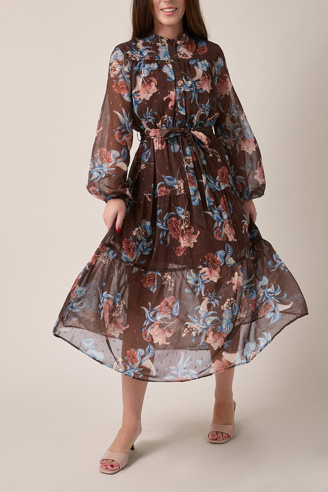GILLI - ROUND NECK LONG SLEEVE BUTTON UP WAIST TIE FLORAL MIDI DRESS