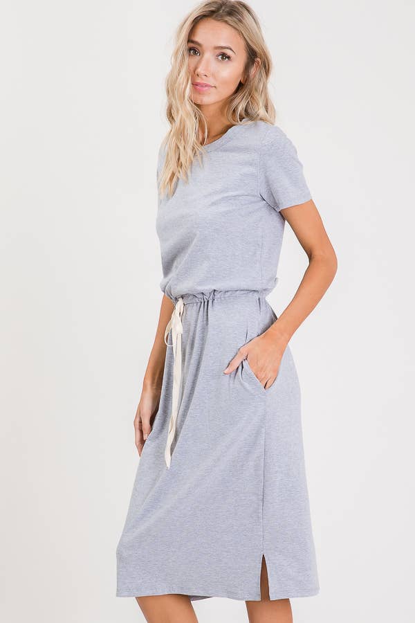 7th Ray - Everyday Drawstring Waist Side Pocket T-Shirt Dress D2465