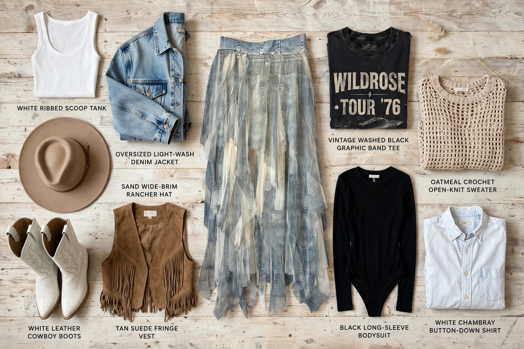 Layered float hem skirt styled with a white tank and denim jacket, showcasing versatility for casual and chic outfits.
