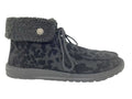Black leopard print shoe with a low heel, high ankle design, fur-like cuff, and laces for fastening. Perfect for versatile styling.