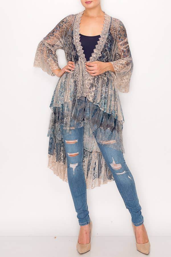 Origami Apparel ~ Ethereal Lace Tiered High-Low Kimono Cardigan