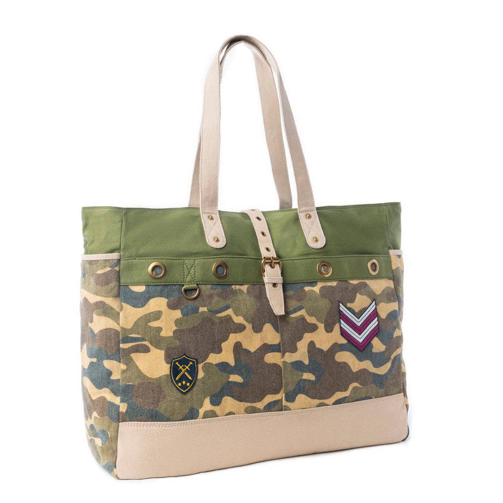 Ranger's Day Weekender Bag in shadow camo green featuring earthy green and tan camo pattern with sturdy handles and organized compartments.