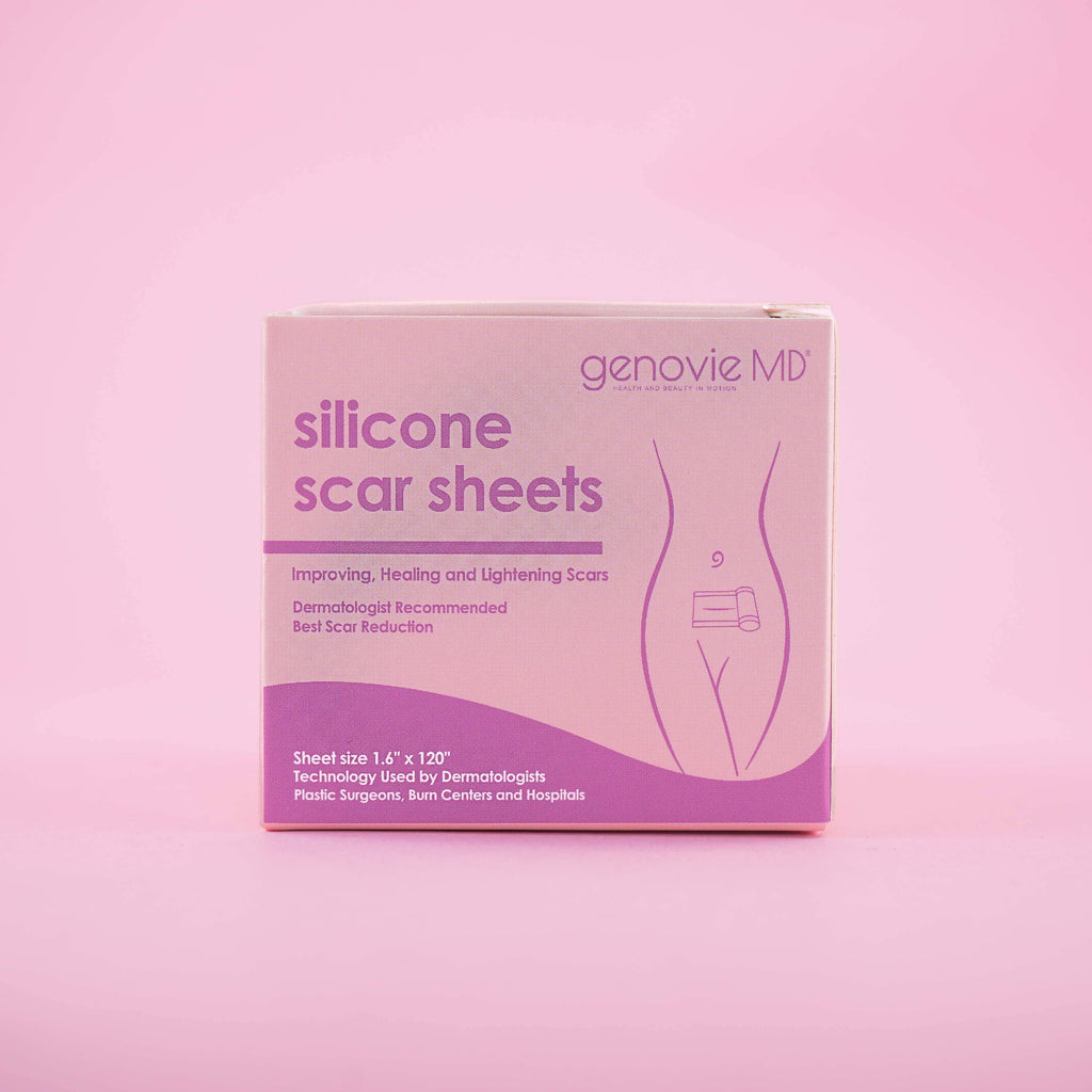 Silicone scar sheet roll in a box with dimensions 1.6 in x 120 in, featuring dermatologist recommendations.