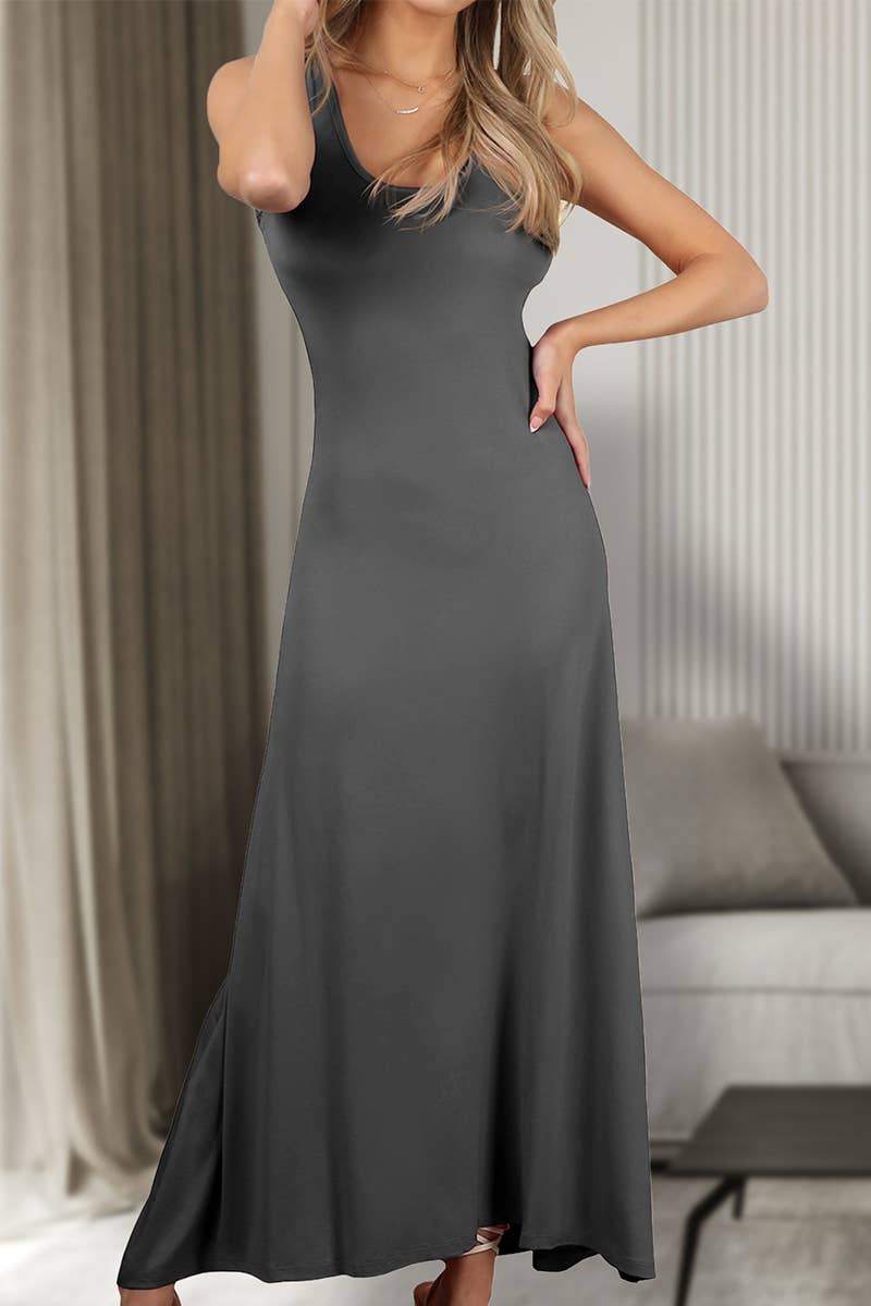 SLEEVELESS V-neck SOLID COLOR KNITTED LONG DRESS