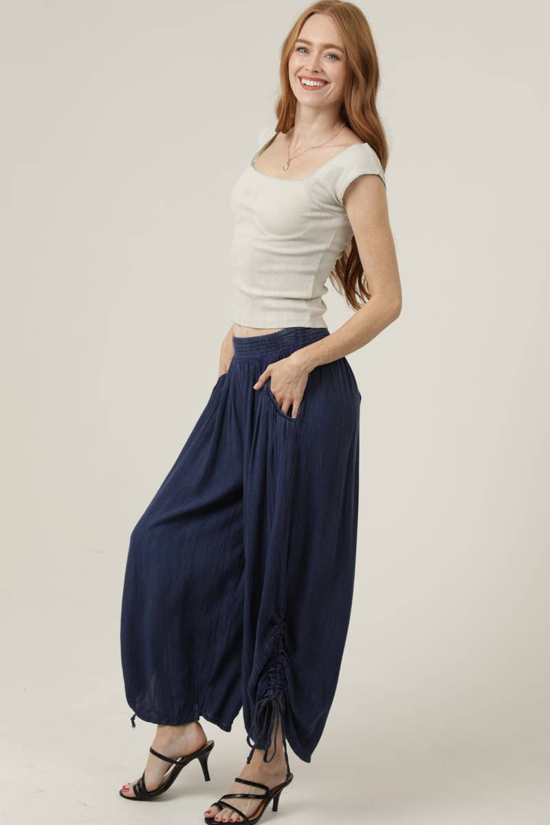 ANGIE - B3710-ASIS SIDE CINCH WIDE LEG PANTS WITH SMOCKED WAIST AND