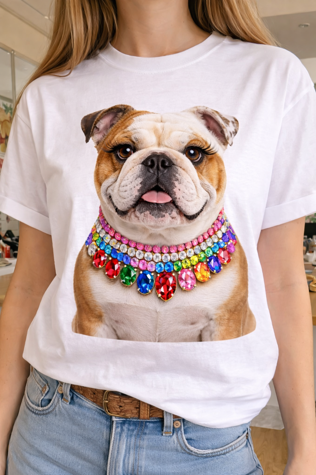 A happy bulldog with a colorful jeweled collar on a white t-shirt, showcasing vibrant bling details.