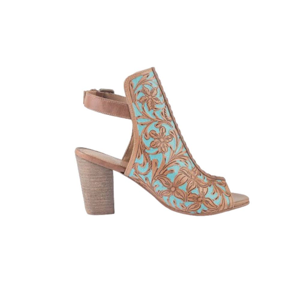 Floral-embossed tan and turquoise heel shoes with an open toe design and a chunky heel for comfort and stability.