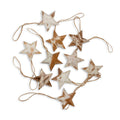 A set of ten unique star-shaped ornaments in warm brown with stitched edges and jute hangers, arranged to showcase their charm.