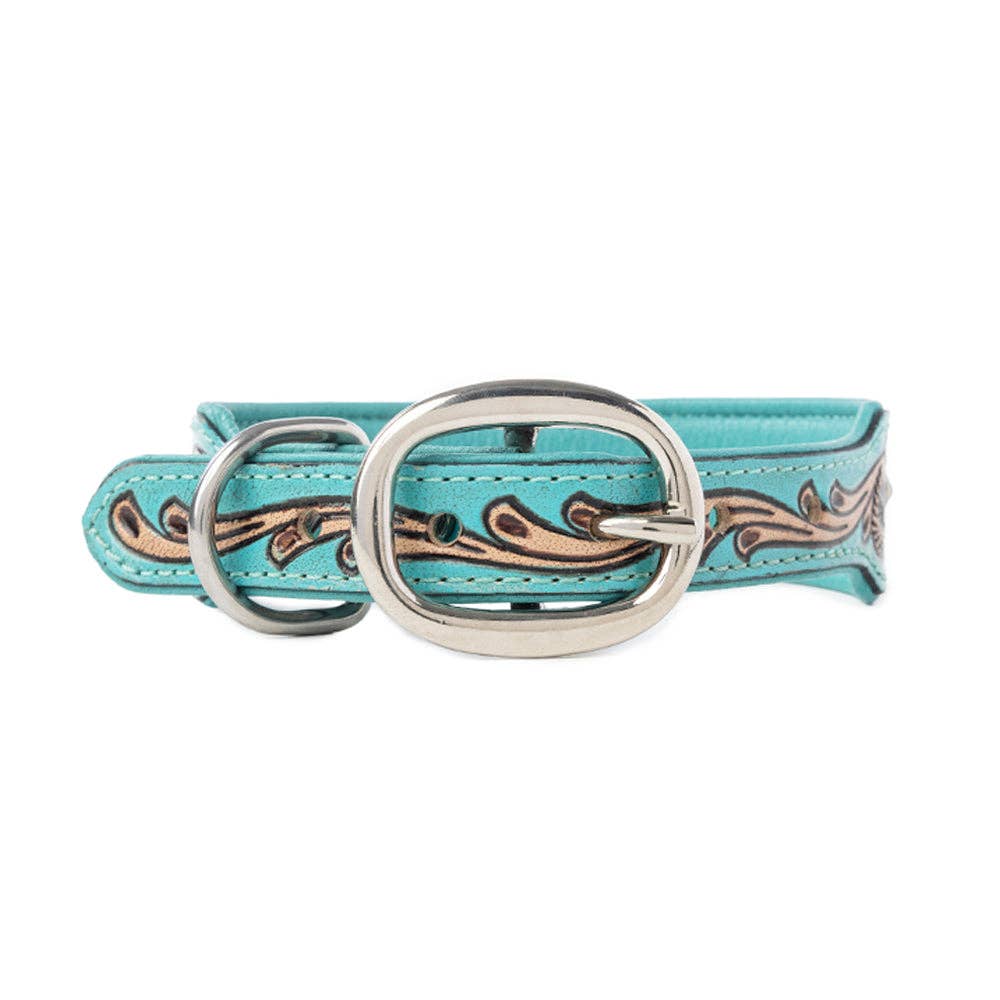 Turquoise leather dog collar featuring hand-tooled floral designs and sparkling accents, complete with a silver buckle and D-ring.