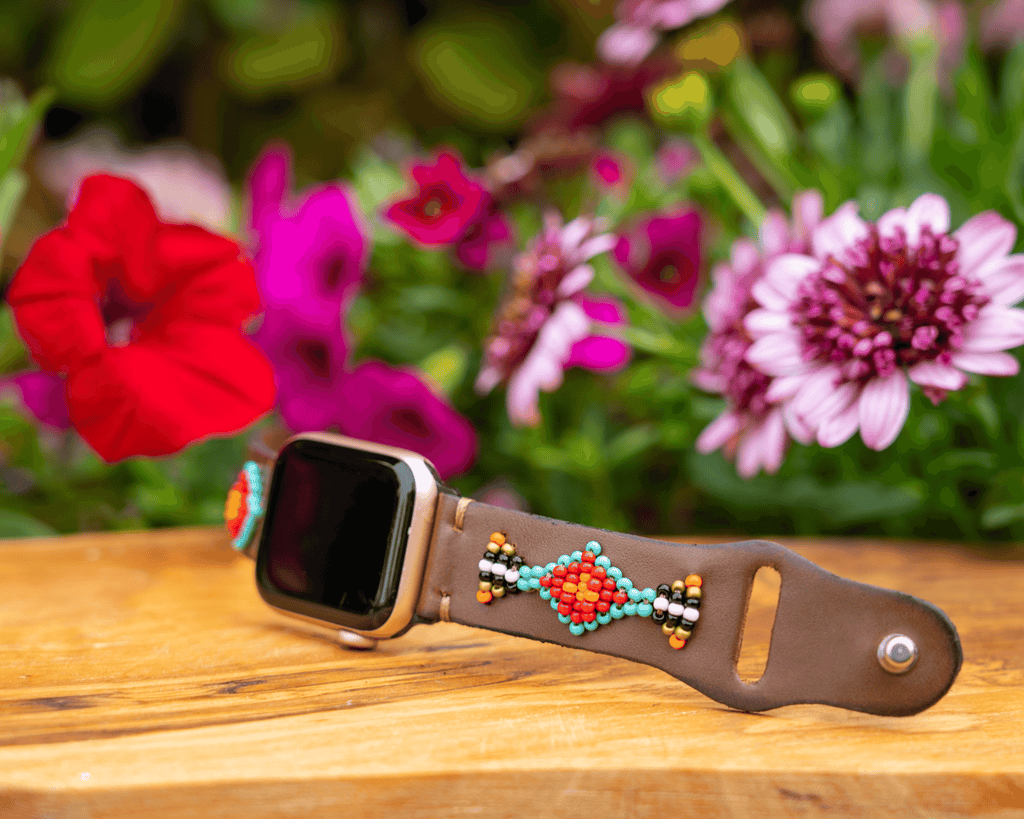 Beaded leather Apple Watch band featuring colorful glass beads with a western design, perfect for stylish daily wear.