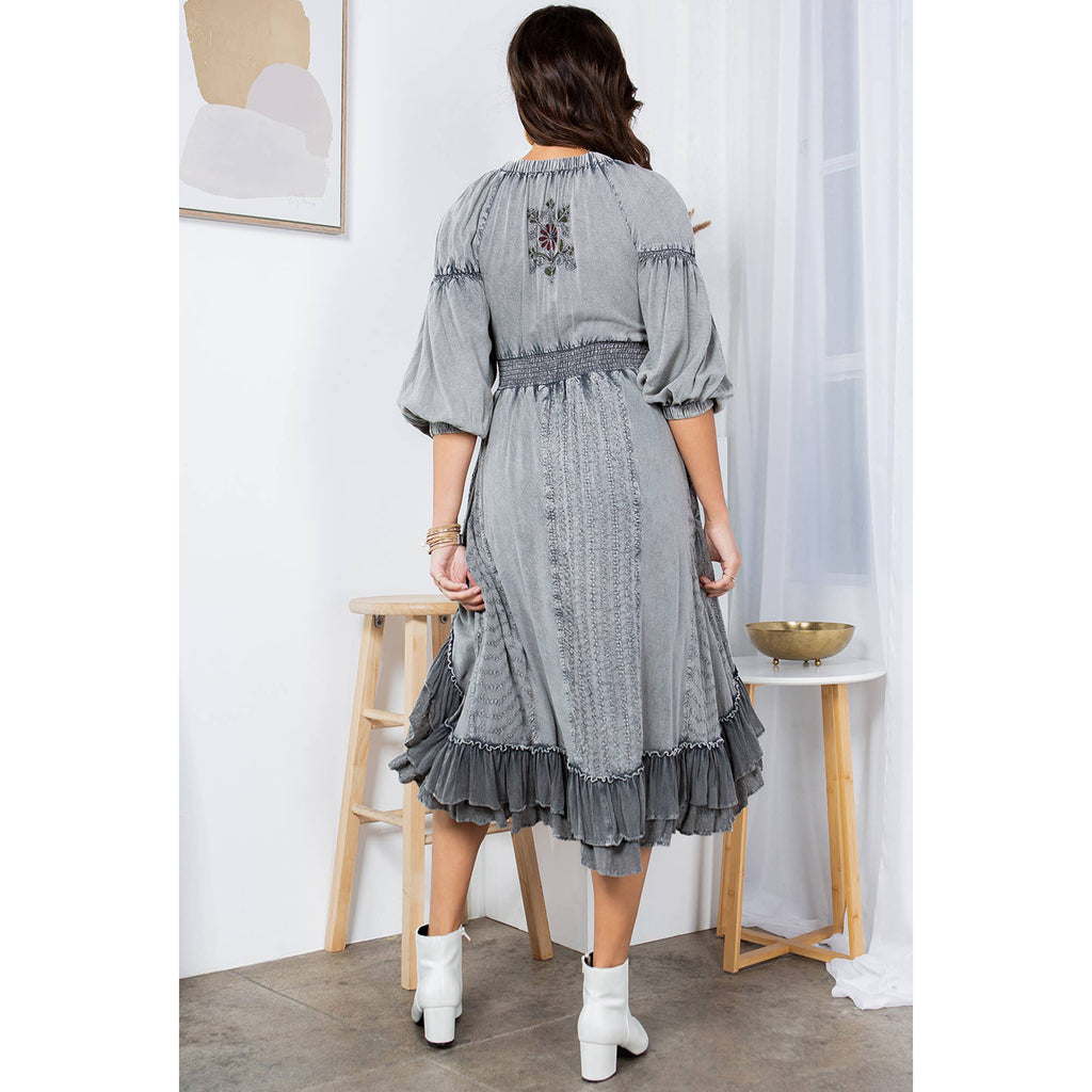 Young Threads - Effortless Elegance: Sheared & Elasticated V-Neck Dress