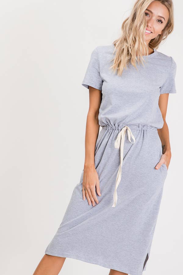 7th Ray - Everyday Drawstring Waist Side Pocket T-Shirt Dress D2465