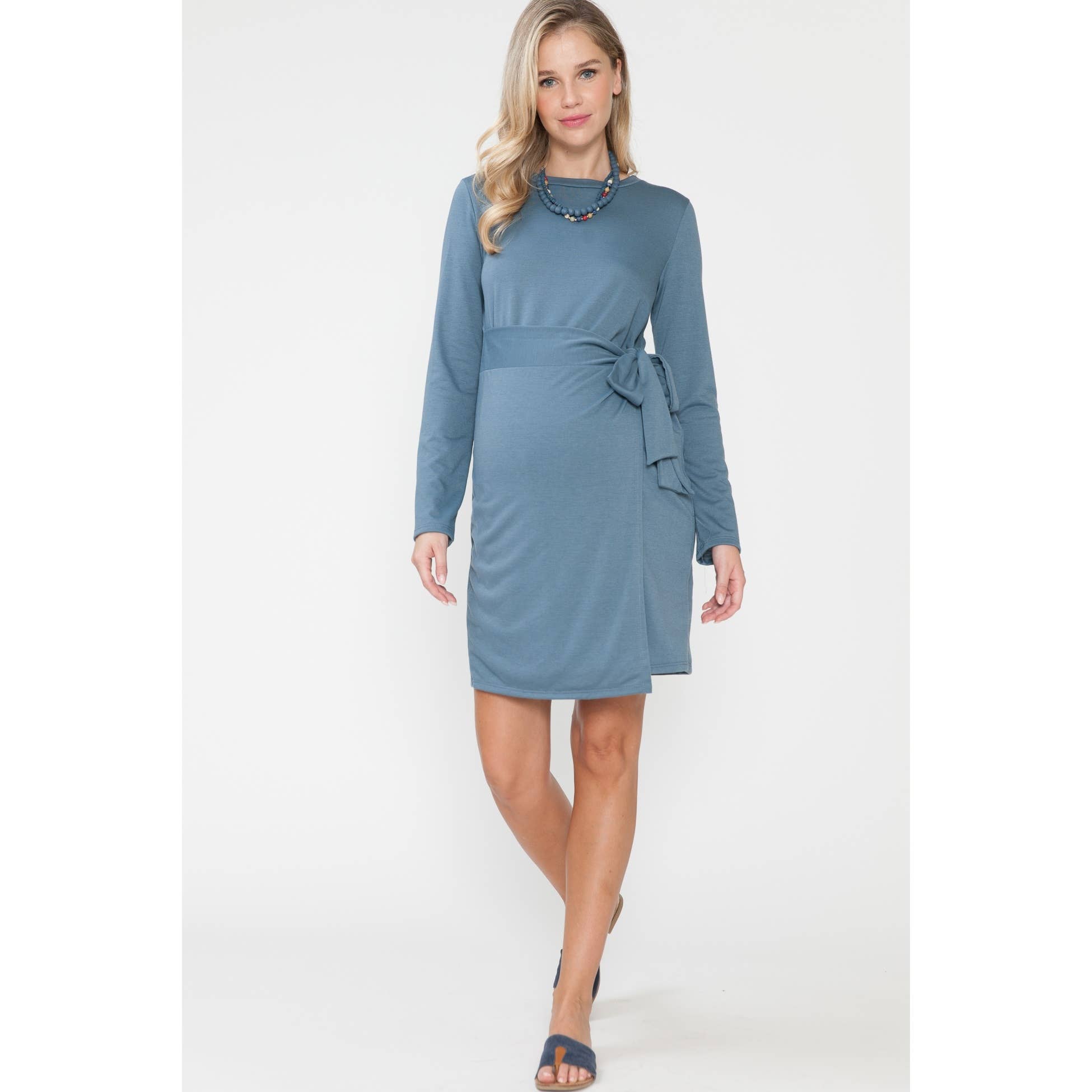 Story Teller - Maternity Pink or Blue Waist Tie French Terry Dress