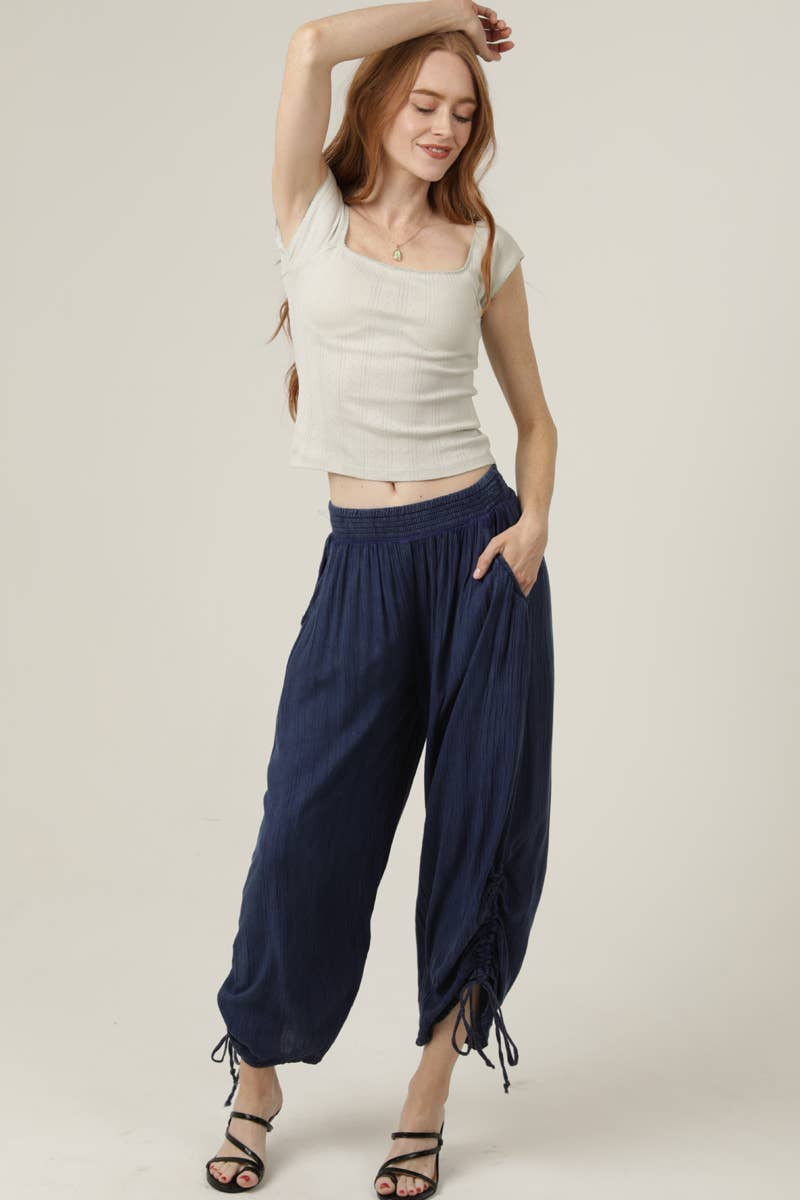 ANGIE - B3710-ASIS SIDE CINCH WIDE LEG PANTS WITH SMOCKED WAIST AND