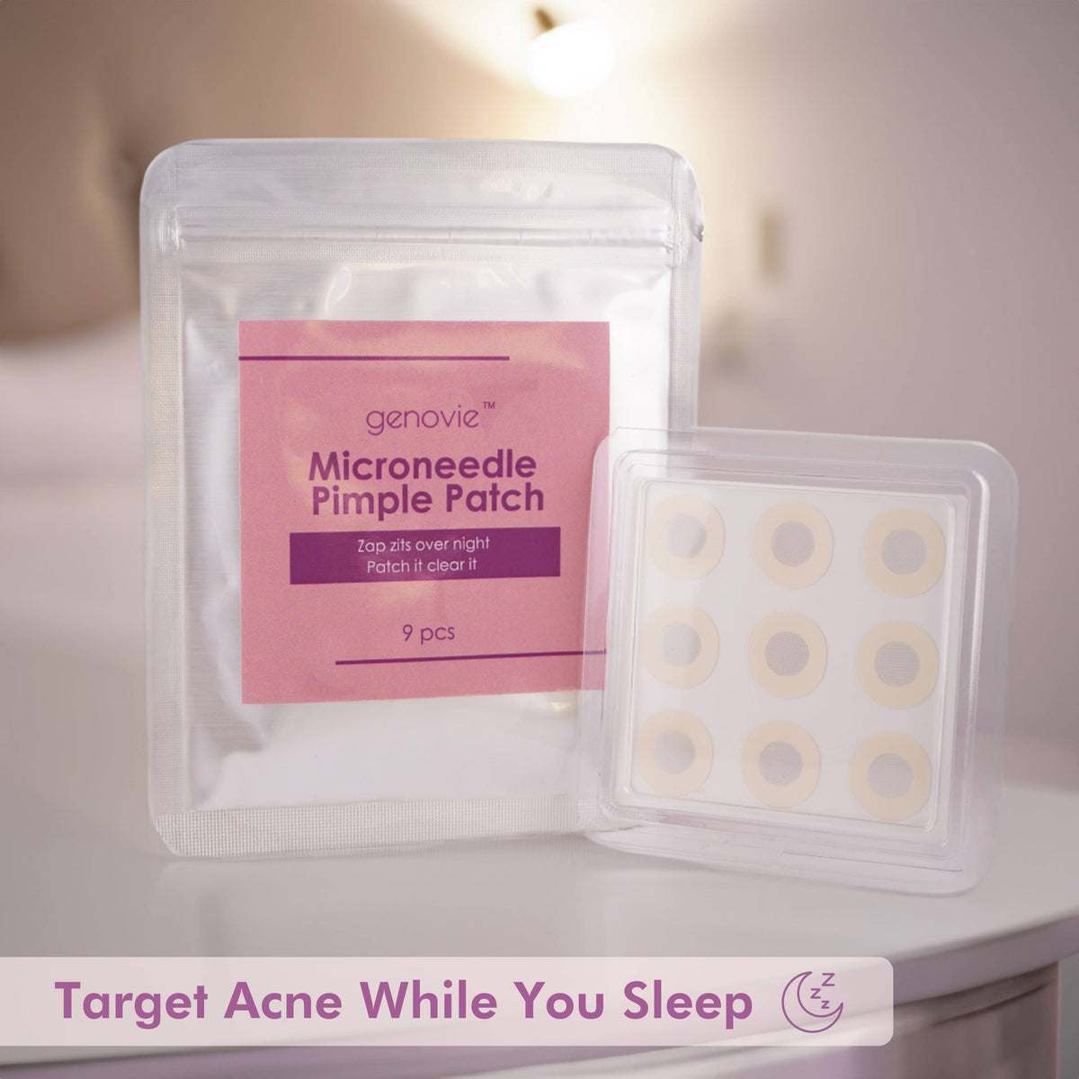 Clear pouch containing nine circular microneedle pimple patches with a pink label indicating their purpose and quantity.