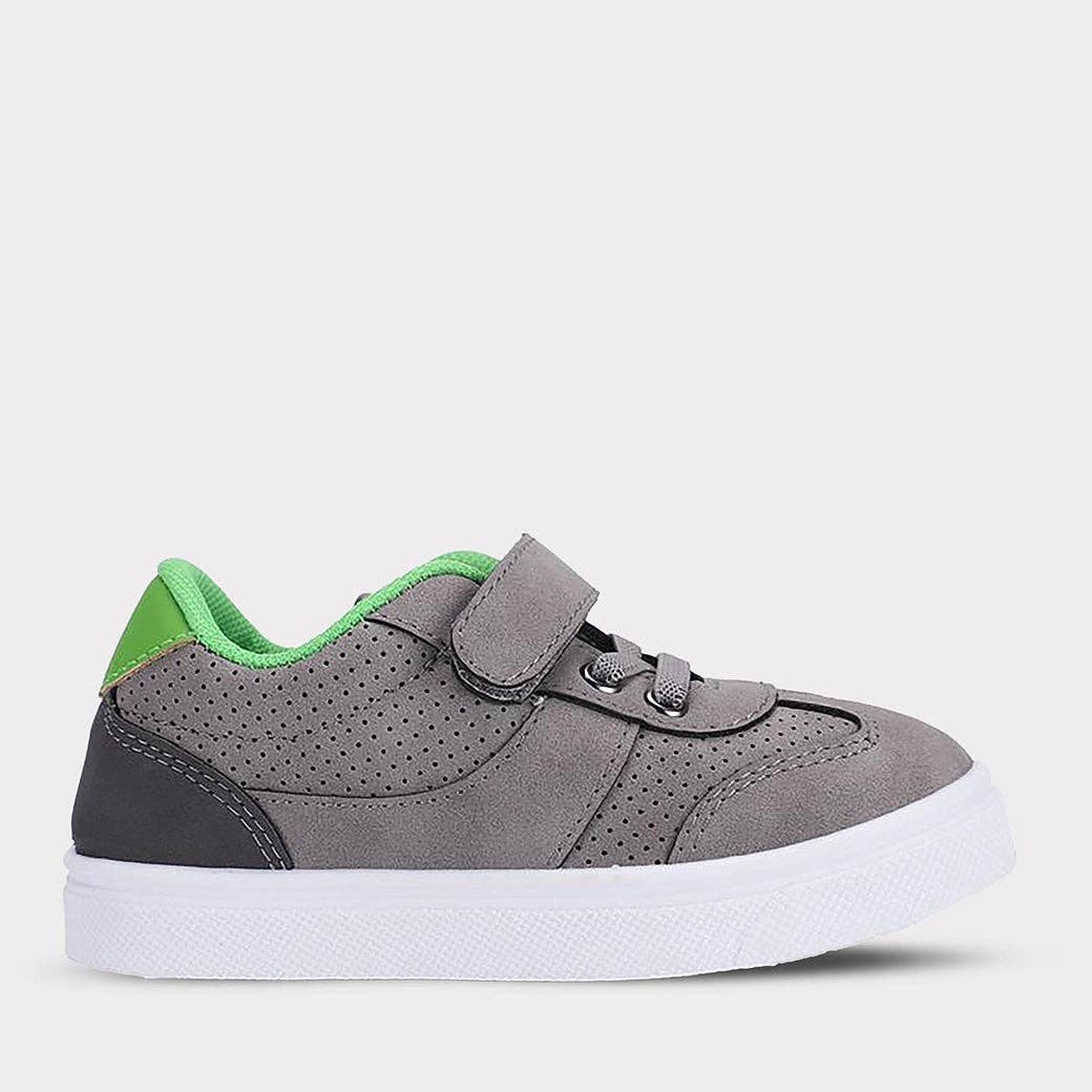 Gray sneakers with green accents, featuring a hook & loop closure and elastic laces, perfect for active play.