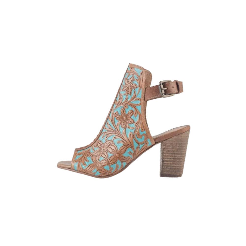 Floral-embossed tan and turquoise heel shoes with an open toe and chunky heel, featuring an ankle strap for a secure fit.