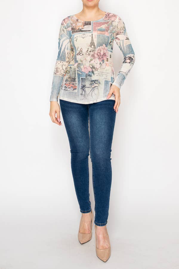 Origami Apparel ~  Lace and Crochet inspired - Sparkly Long Sleeve Sheer Mesh Top – 4847BG PARIS