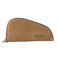 Long curved silhouette gun case in antique olive with smooth leather edging and printed 1877 heritage detail.