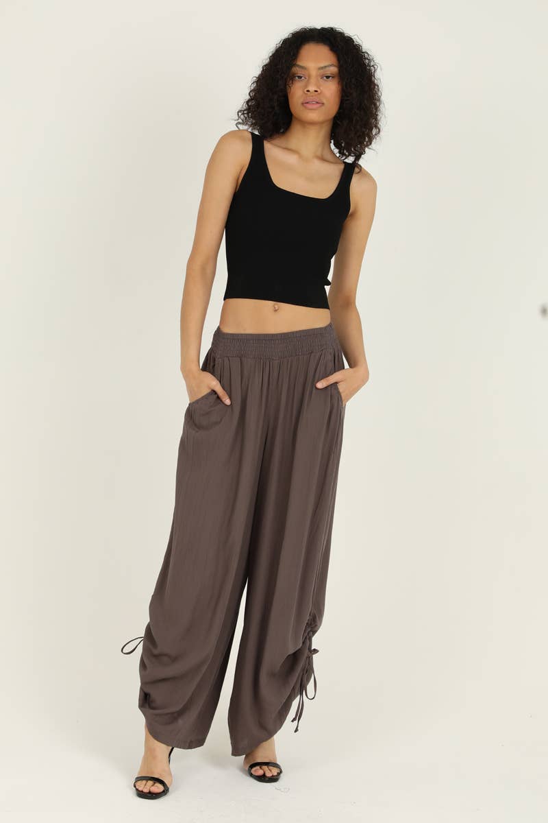 ANGIE - B3710-ASIS SIDE CINCH WIDE LEG PANTS WITH SMOCKED WAIST AND