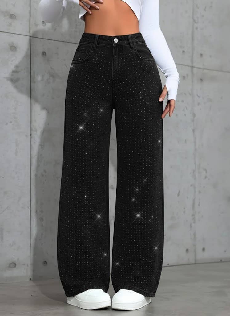 Rosa Clothing - Chic Shiny Rhinestone Straight Jeans