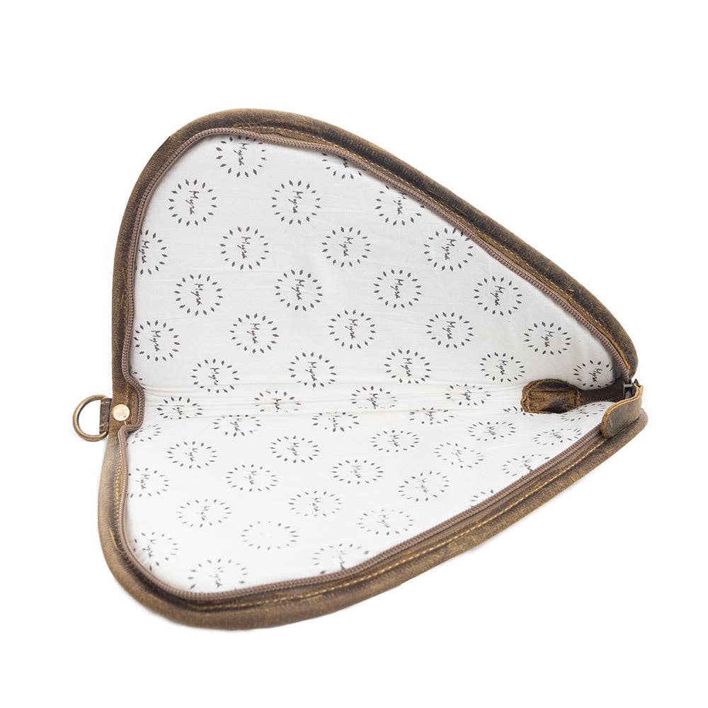 Open Dusty Trail 11″ Gun Case showcasing a light-colored interior with a circular pattern and a rounded zipper closure.