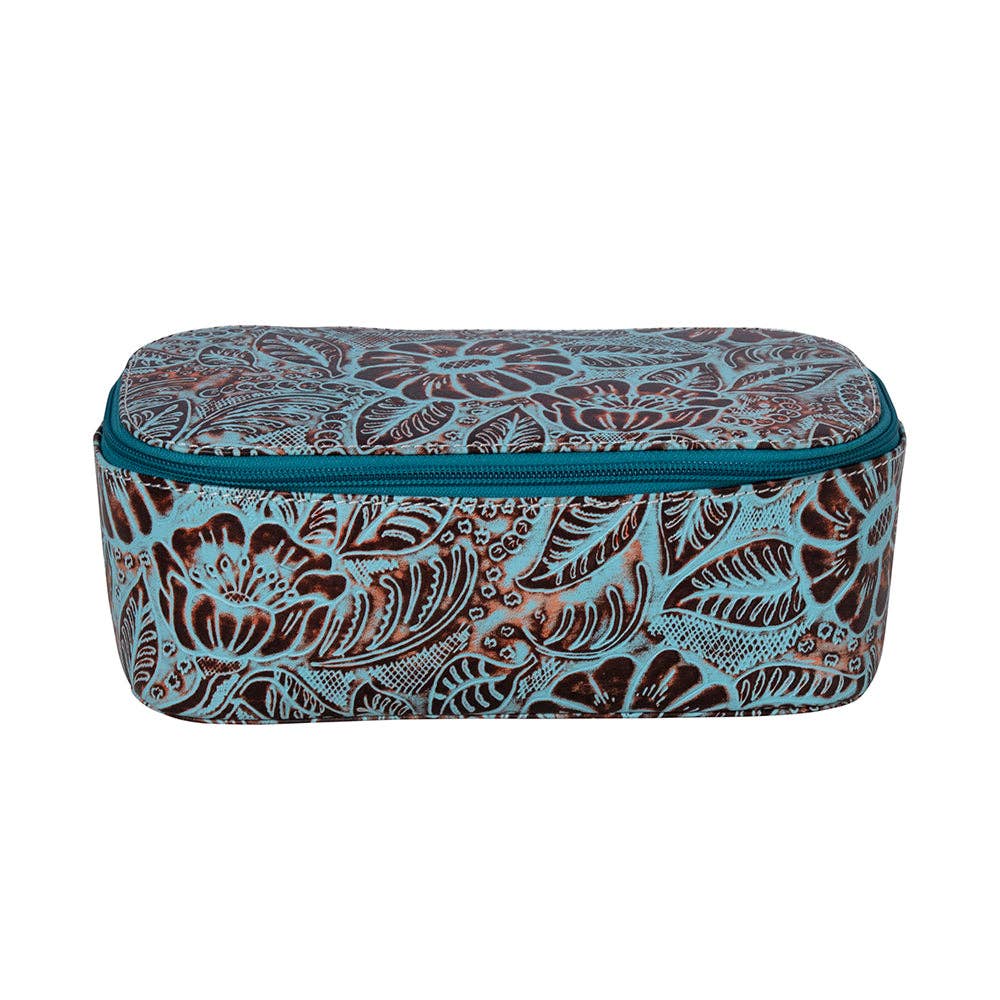 Rectangular dopp kit featuring a floral pattern and turquoise accents, complete with a zippered closure and interior pocket.