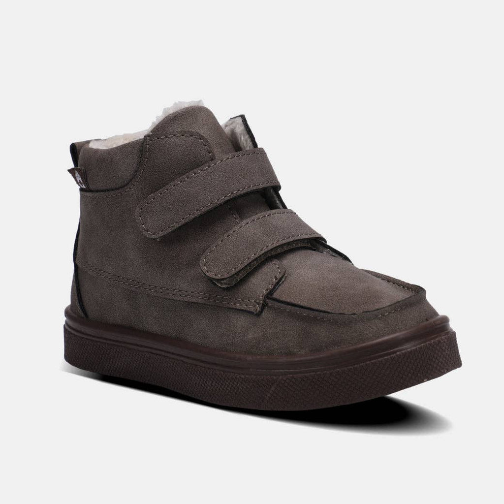 Gray high-top Gabriel Young Boys Hook & Loop Boot featuring two hook & loop straps and a cozy faux fur lining.