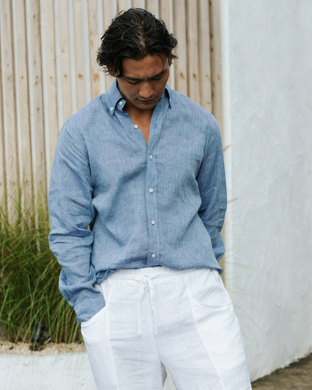 MagicLinen (We handle U.S. import procedures for you) - Men's classic linen shirt WENGEN in Denim chambray