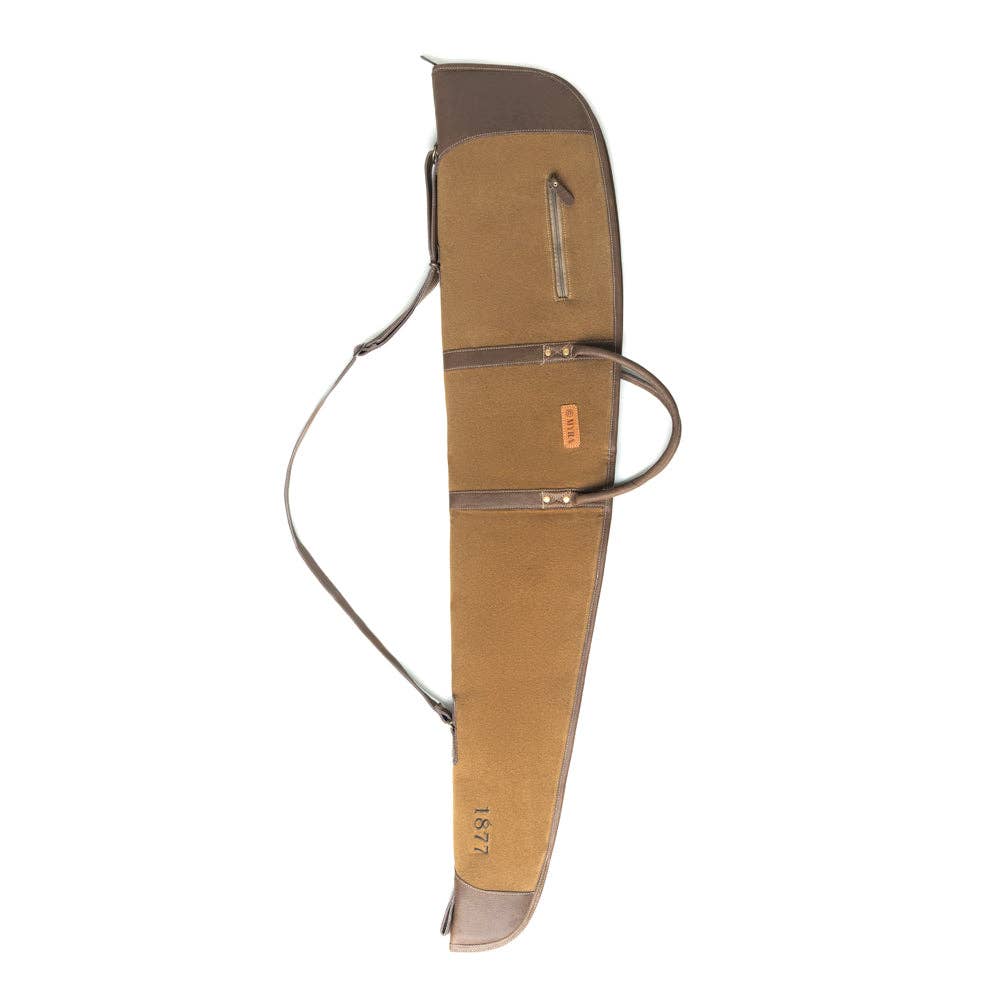 Long Range Cotton Leather Rifle Case in antique olive with leather panel accents, handle, and shoulder strap for easy carrying.
