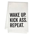 RubiaRojo - Wake Up. Kick Ass. Repeat. Inspirational Kitchen Tea Towel