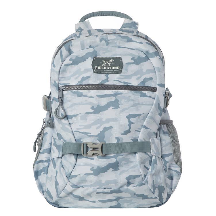 Camo backpack in gray and blue with adjustable straps, front zippered pocket, and side mesh pockets. Perfect for outdoor adventures.