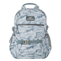 Camo backpack in gray and blue with adjustable straps, front zippered pocket, and side mesh pockets. Perfect for outdoor adventures.