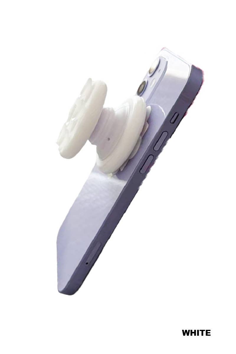 A white suction cup phone grip attached to a smartphone, showcasing its two-part design for enhanced functionality.