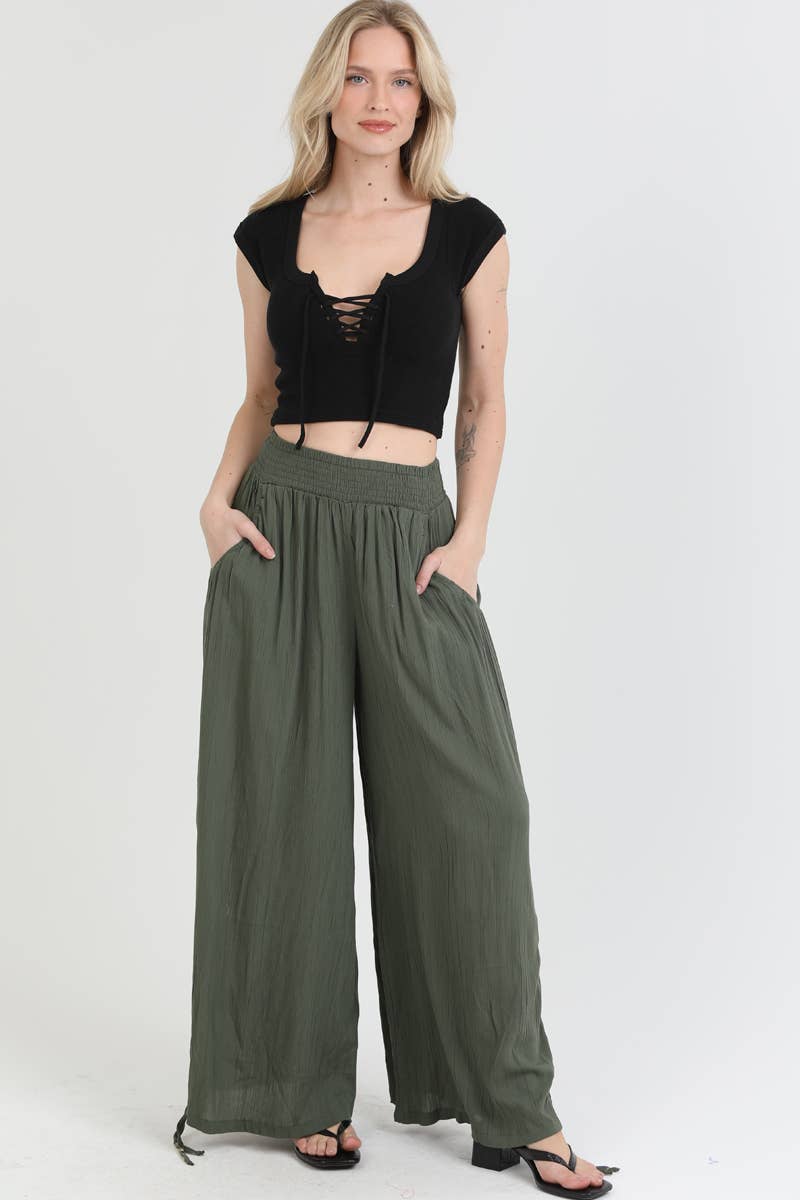 ANGIE - B3710-ASIS SIDE CINCH WIDE LEG PANTS WITH SMOCKED WAIST AND