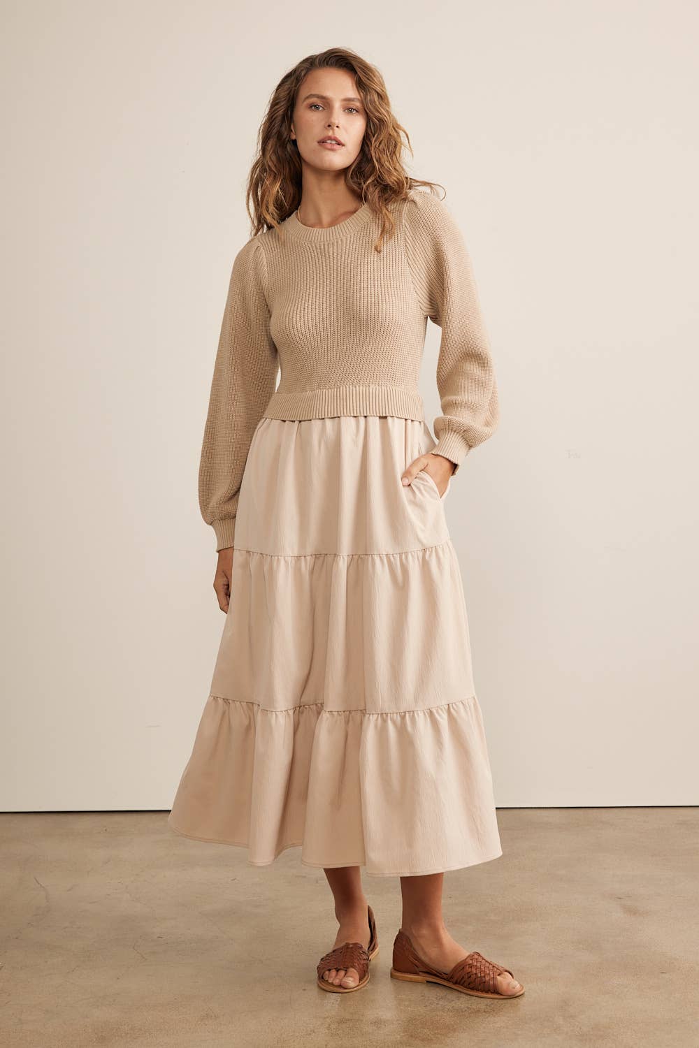 in february - SPECIAL MIXED MEDIA SWEATER MIDI DRESS WITH TIERED RUFFLES