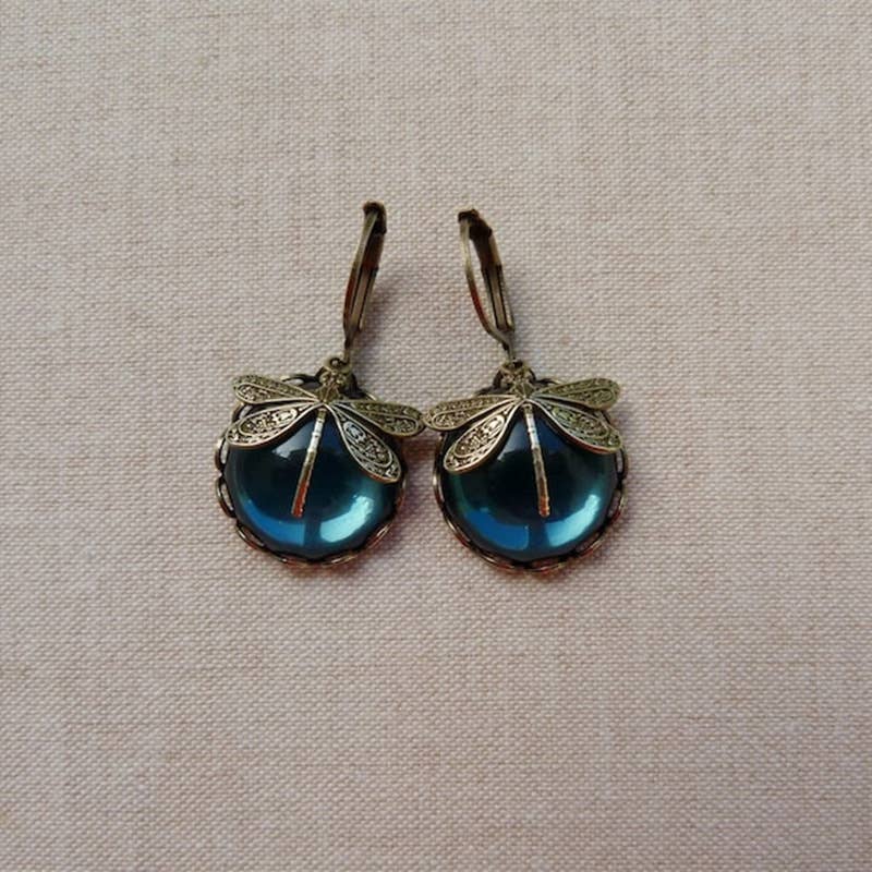 Vintage Dragonfly Green Crystal Drop Earrings