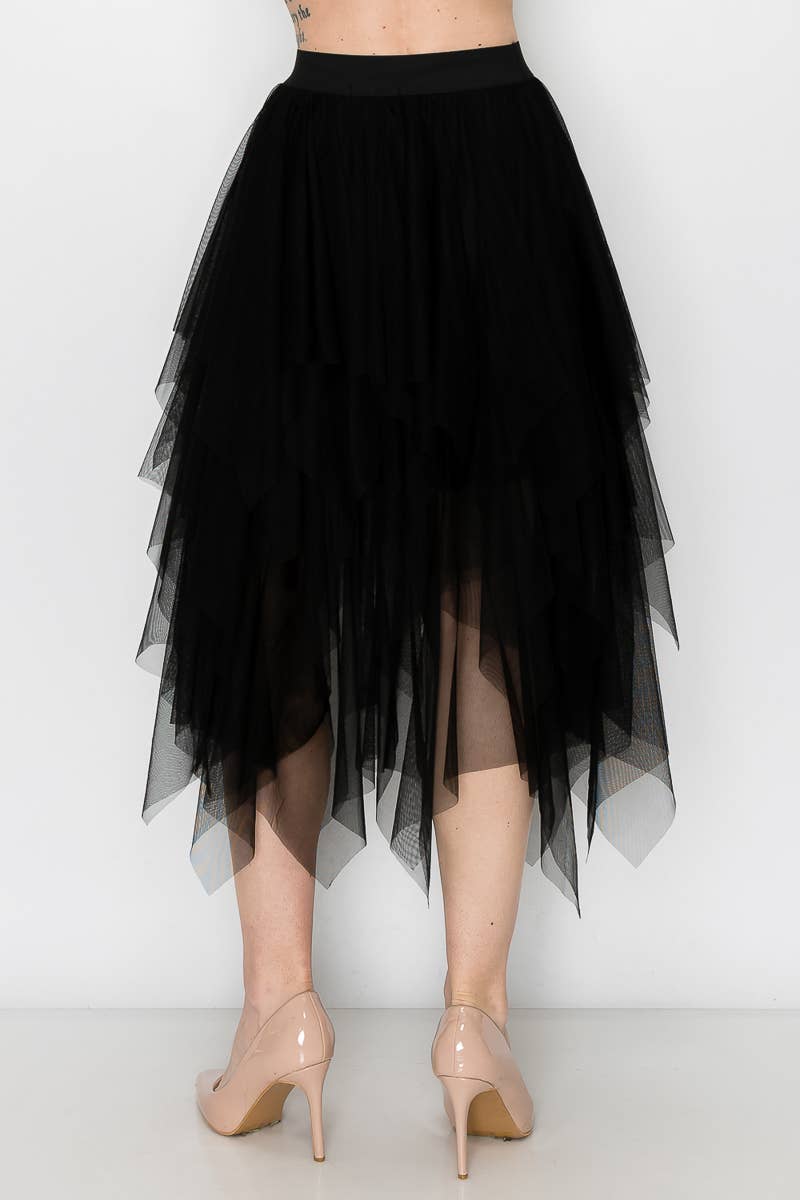 Origami Apparel ~  Lace and Crochet inspired - Dreamy Tiered Tulle Midi Skirt With Floaty Hem - 4546 BK
