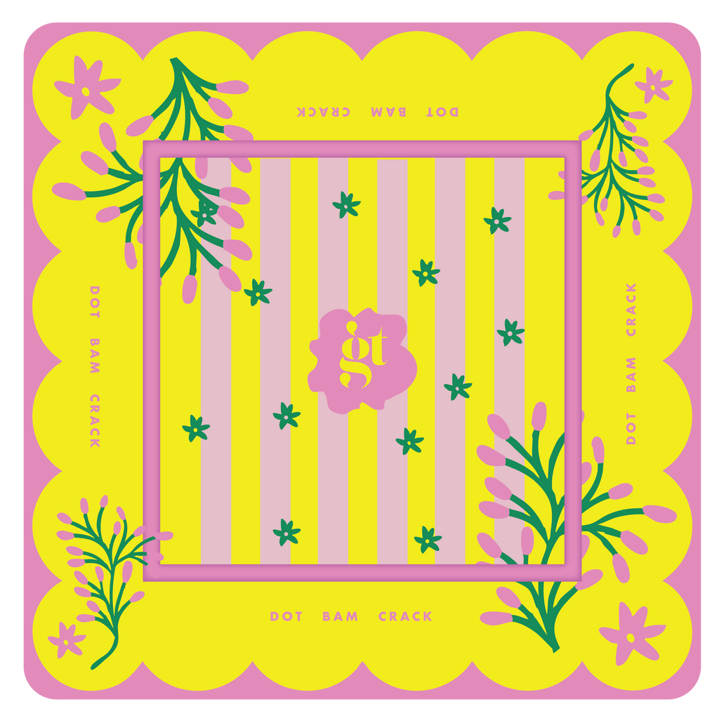 Vibrant yellow mahjong mat with pink scalloped edges and floral designs, perfect for game nights and stylish entertaining.
