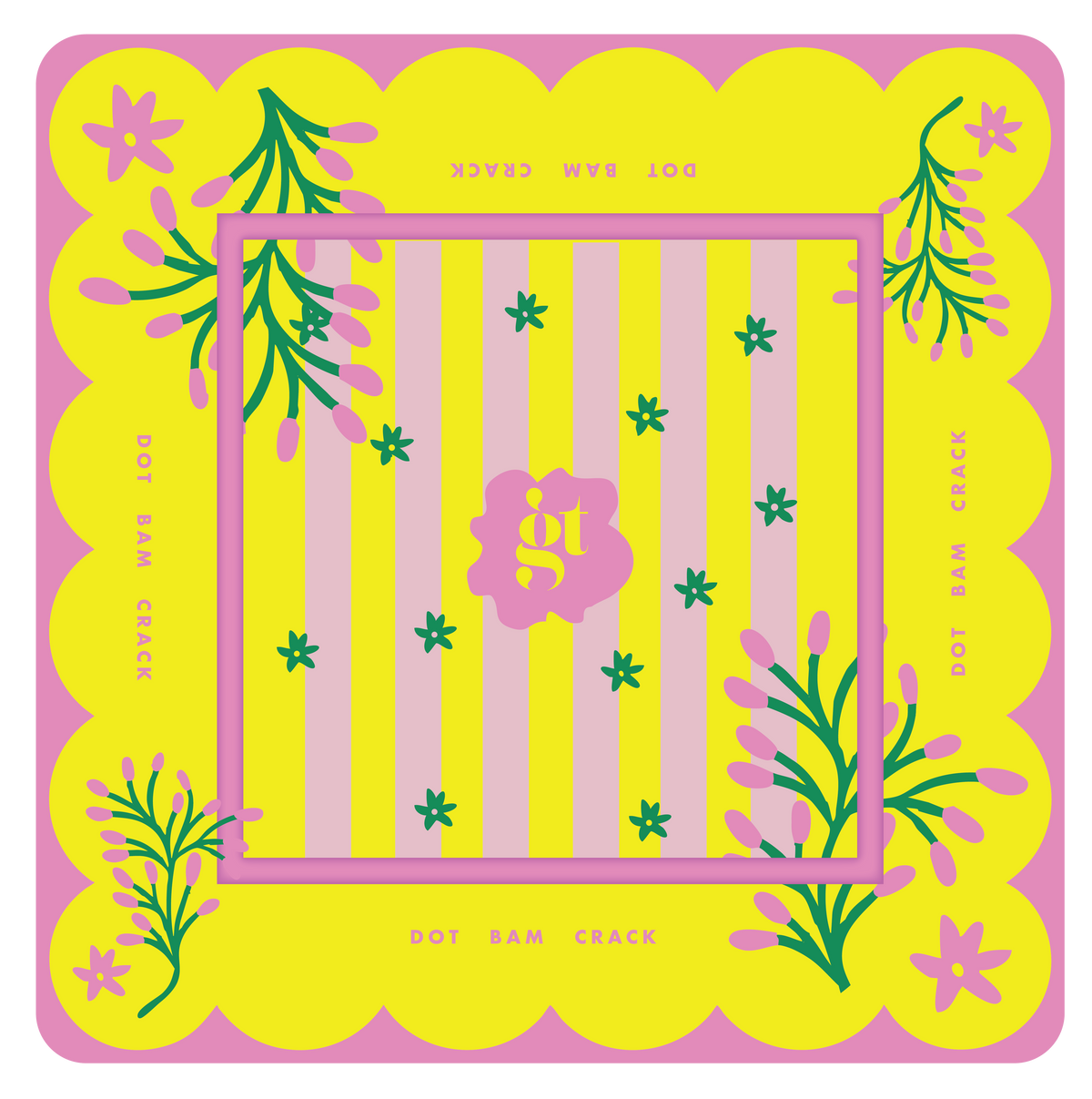 Vibrant yellow mahjong mat with pink scalloped edges and floral designs, perfect for game nights and stylish entertaining.